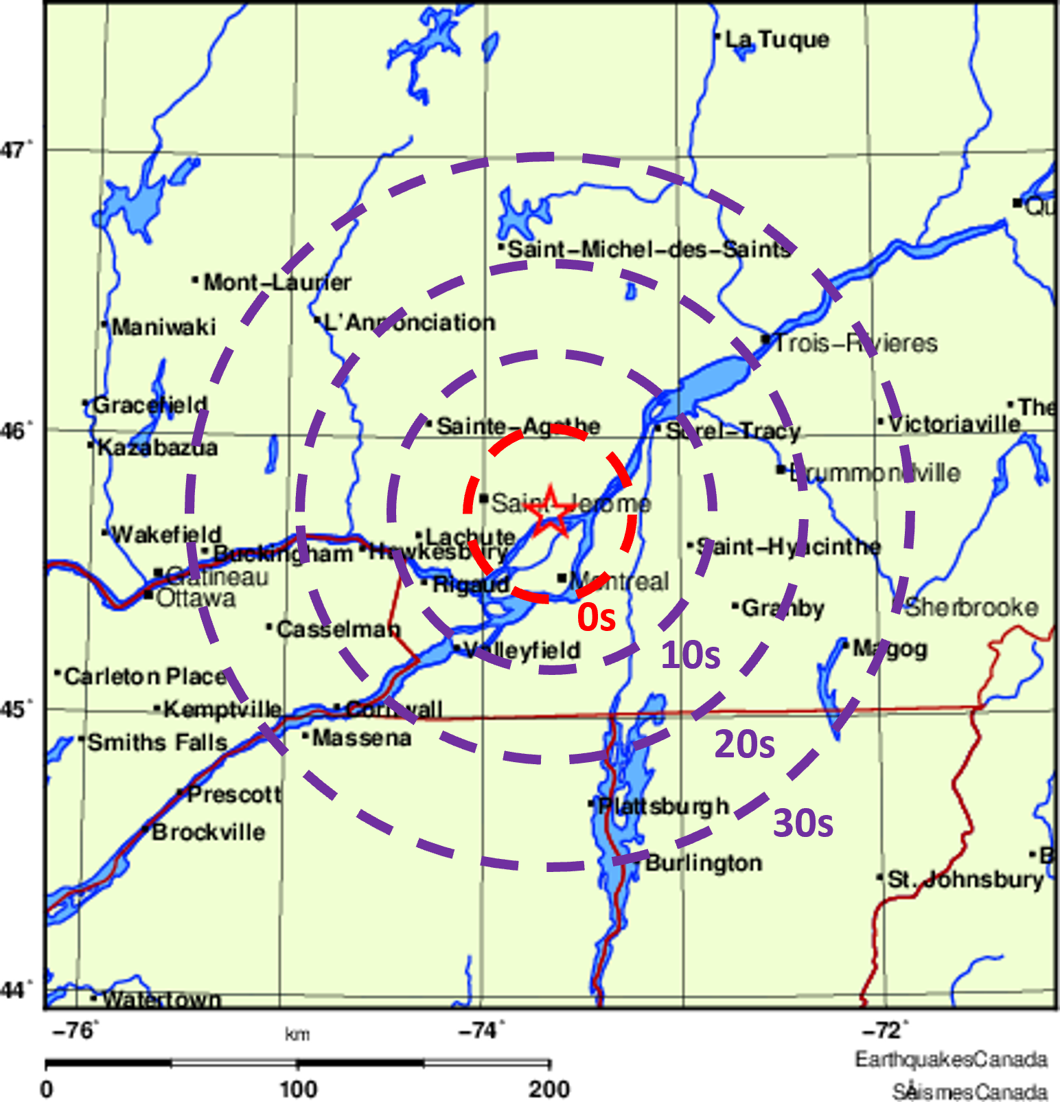 map of epicentre and warning times