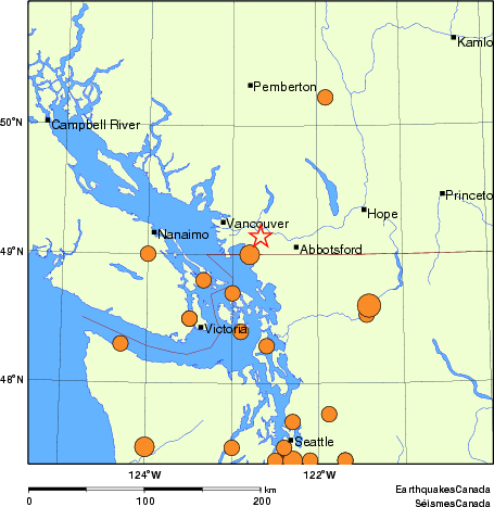 Map of historical earthquakes magnitude 5.0 and larger. Details in the data table below