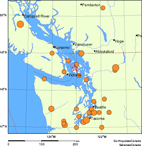 Map of historical earthquakes magnitude 5.0 and larger. Details in the data table below