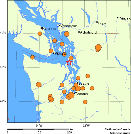 Map of historical earthquakes magnitude 5.0 and larger. Details in the data table below