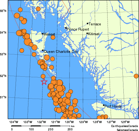 Map of historical earthquakes magnitude 5.0 and larger. Details in the data table below