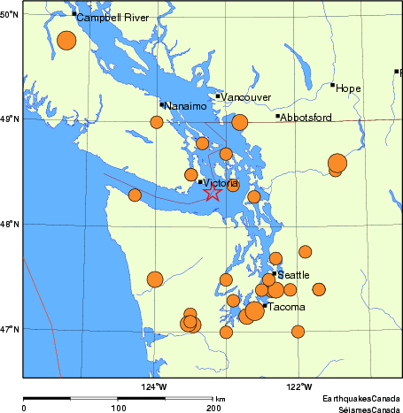 Map of historical earthquakes magnitude 5.0 and larger. Details in the data table below