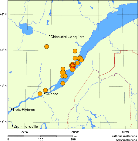 Map of historical earthquakes magnitude 5.0 and larger. Details in the data table below