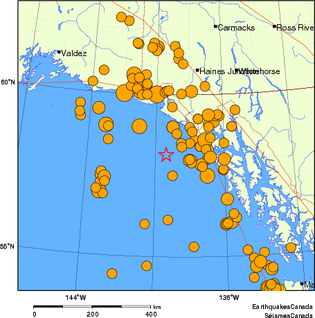 Map of historical earthquakes magnitude 5.0 and larger. Details in the data table below