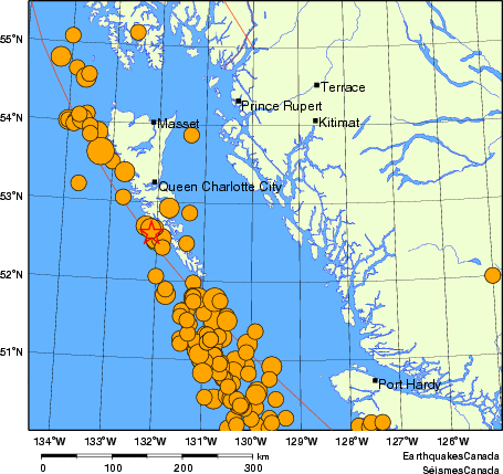 Map of historical earthquakes magnitude 5.0 and larger. Details in the data table below
