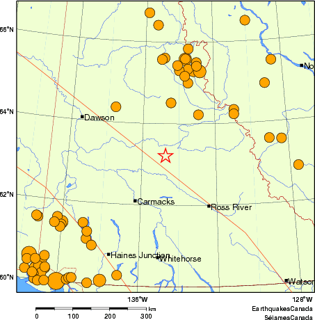 Map of historical earthquakes magnitude 5.0 and larger. Details in the data table below