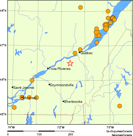 Map of historical earthquakes magnitude 5.0 and larger. Details in the data table below