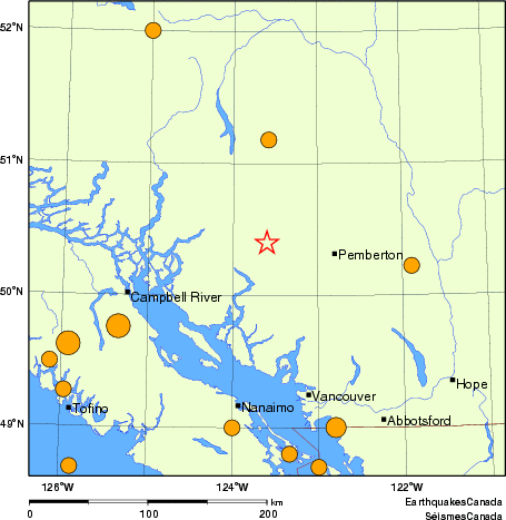 Map of historical earthquakes magnitude 5.0 and larger. Details in the data table below