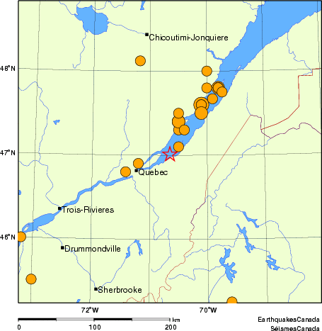 Map of historical earthquakes magnitude 5.0 and larger. Details in the data table below