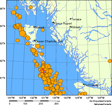 Map of historical earthquakes magnitude 5.0 and larger. Details in the data table below