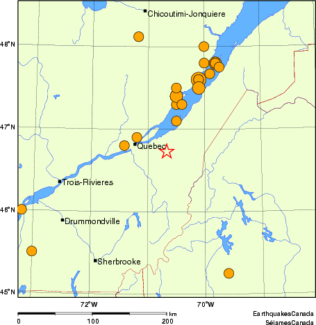 Map of historical earthquakes magnitude 5.0 and larger. Details in the data table below