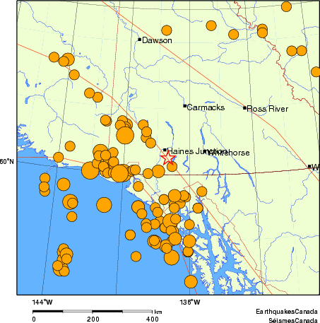 Map of historical earthquakes magnitude 5.0 and larger. Details in the data table below