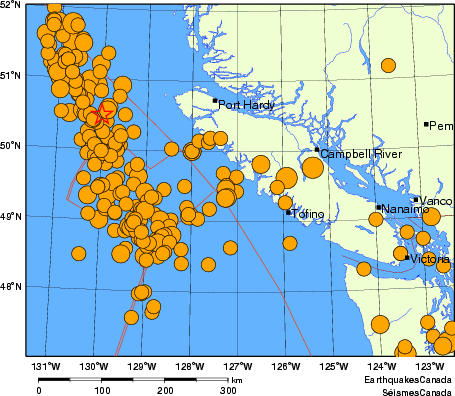 Map of historical earthquakes magnitude 5.0 and larger. Details in the data table below
