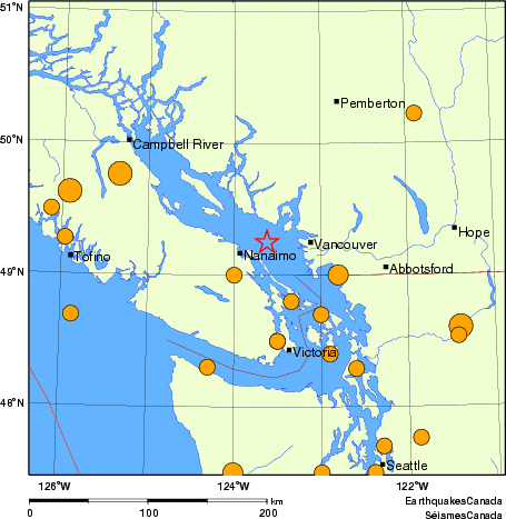 Map of historical earthquakes magnitude 5.0 and larger. Details in the data table below