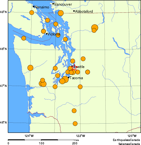 Map of historical earthquakes magnitude 5.0 and larger. Details in the data table below