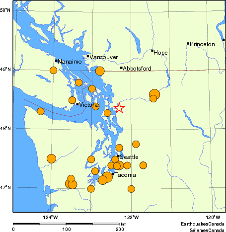 Map of historical earthquakes magnitude 5.0 and larger. Details in the data table below
