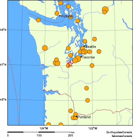 Map of historical earthquakes magnitude 5.0 and larger. Details in the data table below
