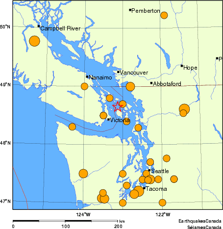Map of historical earthquakes magnitude 5.0 and larger. Details in the data table below