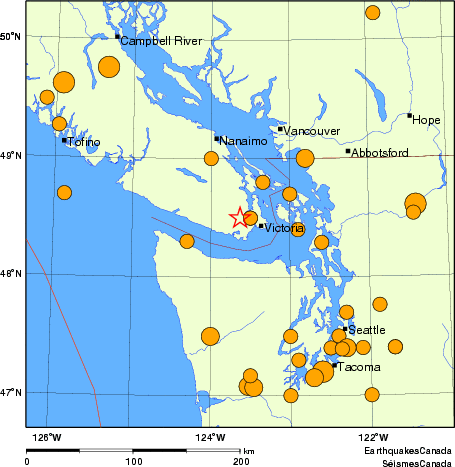 Map of historical earthquakes magnitude 5.0 and larger. Details in the data table below
