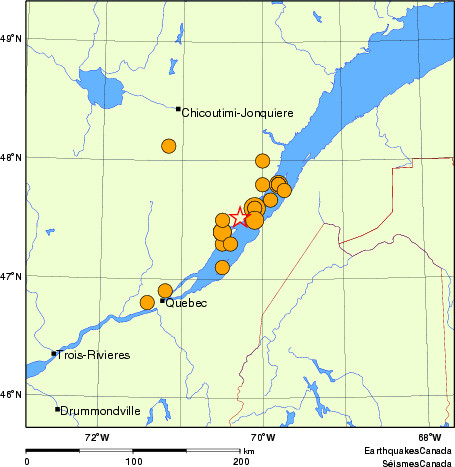 Map of historical earthquakes magnitude 5.0 and larger. Details in the data table below