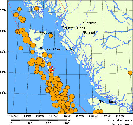 Map of historical earthquakes magnitude 5.0 and larger. Details in the data table below