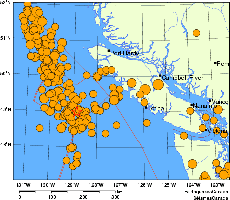 Map of historical earthquakes magnitude 5.0 and larger. Details in the data table below