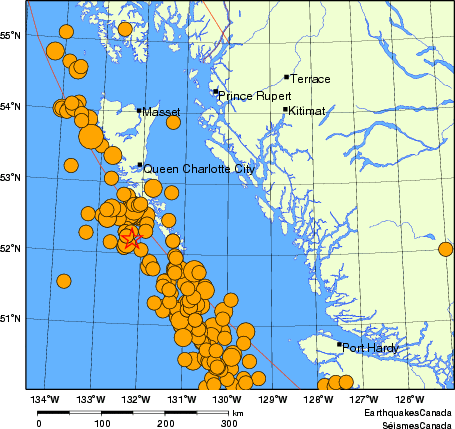 Map of historical earthquakes magnitude 5.0 and larger. Details in the data table below