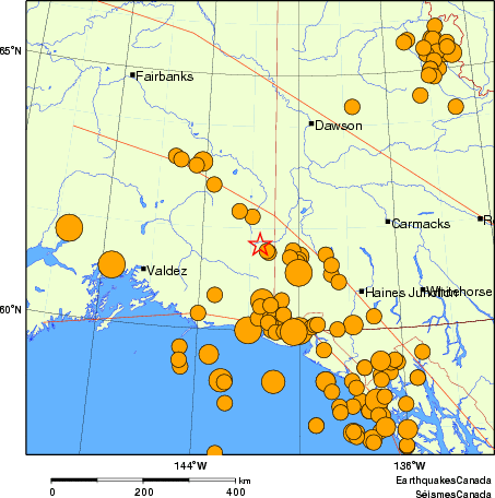 Map of historical earthquakes magnitude 5.0 and larger. Details in the data table below
