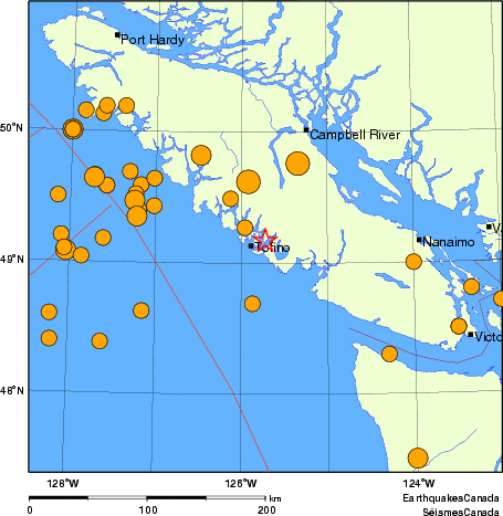 Map of historical earthquakes magnitude 5.0 and larger. Details in the data table below