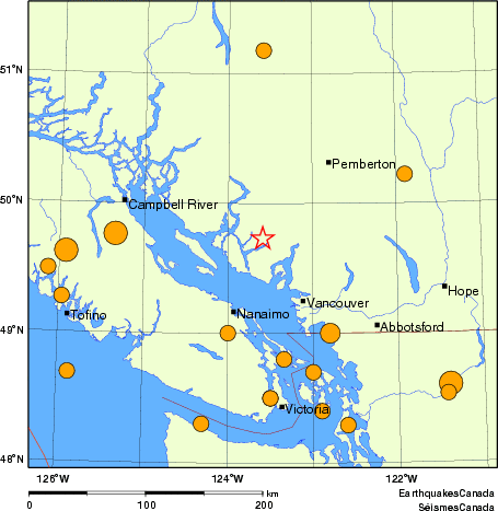 Map of historical earthquakes magnitude 5.0 and larger. Details in the data table below