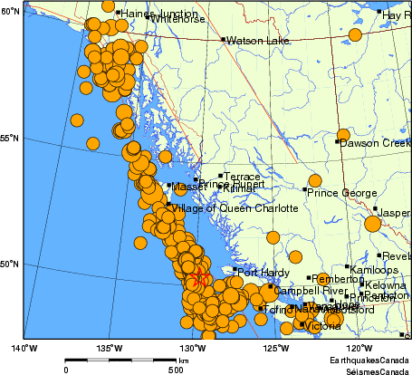 Map of historical earthquakes magnitude 5.0 and larger. Details in the data table below