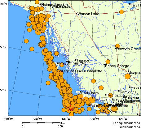 Map of historical earthquakes magnitude 5.0 and larger. Details in the data table below