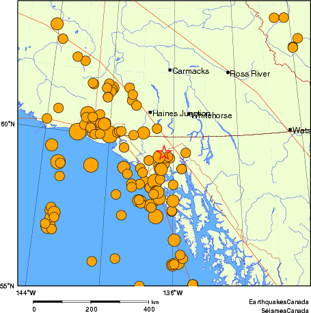 Map of historical earthquakes magnitude 5.0 and larger. Details in the data table below