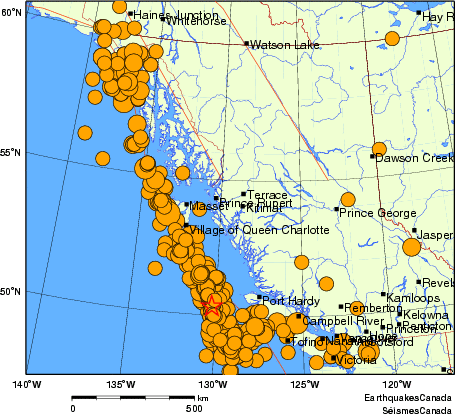 Map of historical earthquakes magnitude 5.0 and larger. Details in the data table below