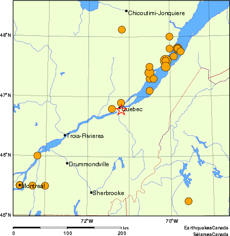 Map of historical earthquakes magnitude 5.0 and larger. Details in the data table below