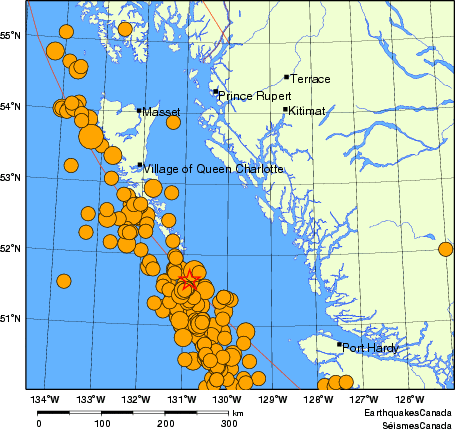 Map of historical earthquakes magnitude 5.0 and larger. Details in the data table below