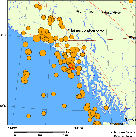 Map of historical earthquakes magnitude 5.0 and larger. Details in the data table below