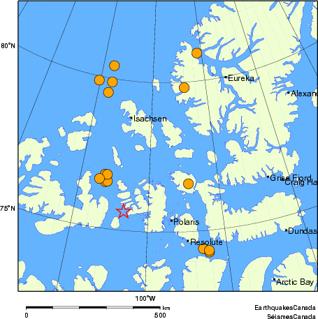 Map of historical earthquakes magnitude 5.0 and larger. Details in the data table below