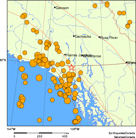 Map of historical earthquakes magnitude 5.0 and larger. Details in the data table below