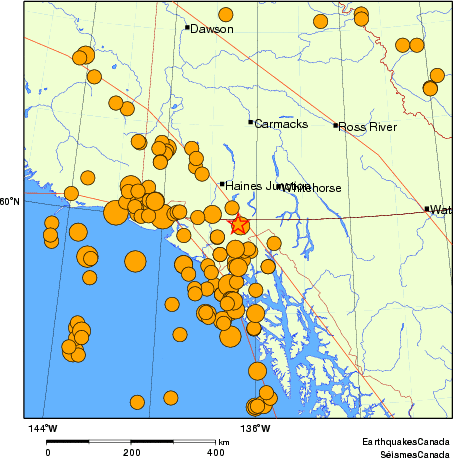 Map of historical earthquakes magnitude 5.0 and larger. Details in the data table below
