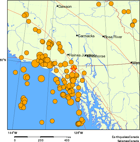 Map of historical earthquakes magnitude 5.0 and larger. Details in the data table below