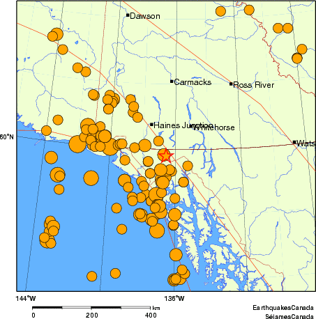 Map of historical earthquakes magnitude 5.0 and larger. Details in the data table below