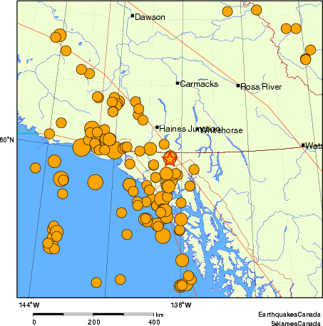 Map of historical earthquakes magnitude 5.0 and larger. Details in the data table below