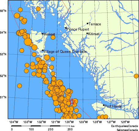 Map of historical earthquakes magnitude 5.0 and larger. Details in the data table below