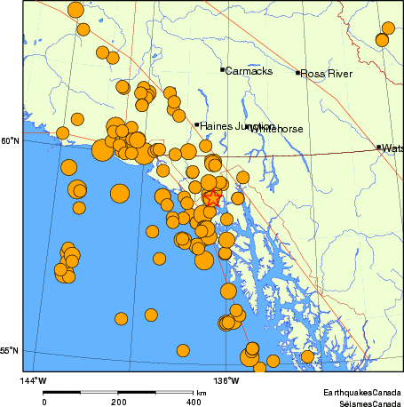 Map of historical earthquakes magnitude 5.0 and larger. Details in the data table below