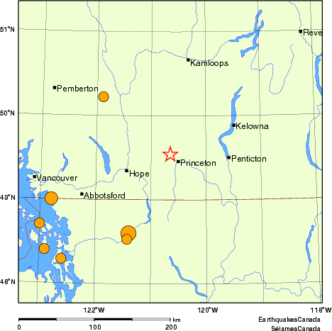 Map of historical earthquakes magnitude 5.0 and larger. Details in the data table below
