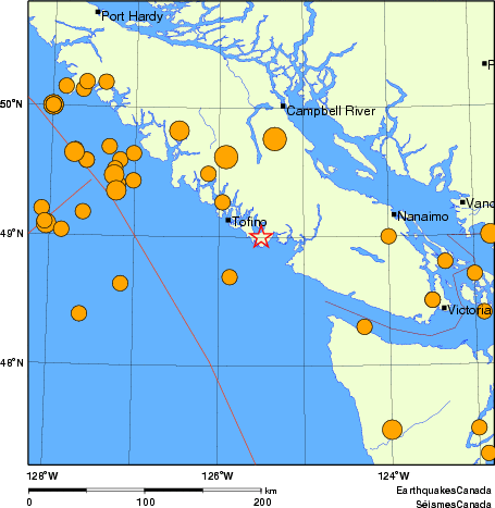 Map of historical earthquakes magnitude 5.0 and larger. Details in the data table below
