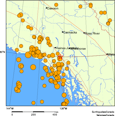 Map of historical earthquakes magnitude 5.0 and larger. Details in the data table below