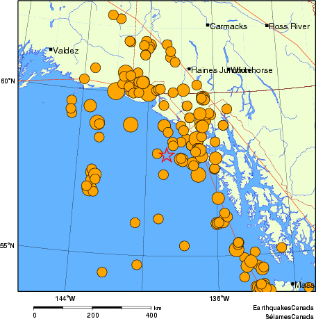 Map of historical earthquakes magnitude 5.0 and larger. Details in the data table below