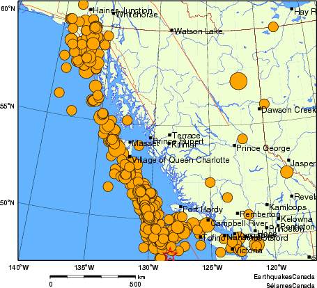 Map of historical earthquakes magnitude 5.0 and larger. Details in the data table below